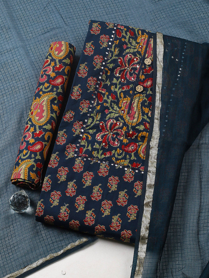 Embroidered Cotton Blend Unstitched Suit With Pant &amp; Dupatta