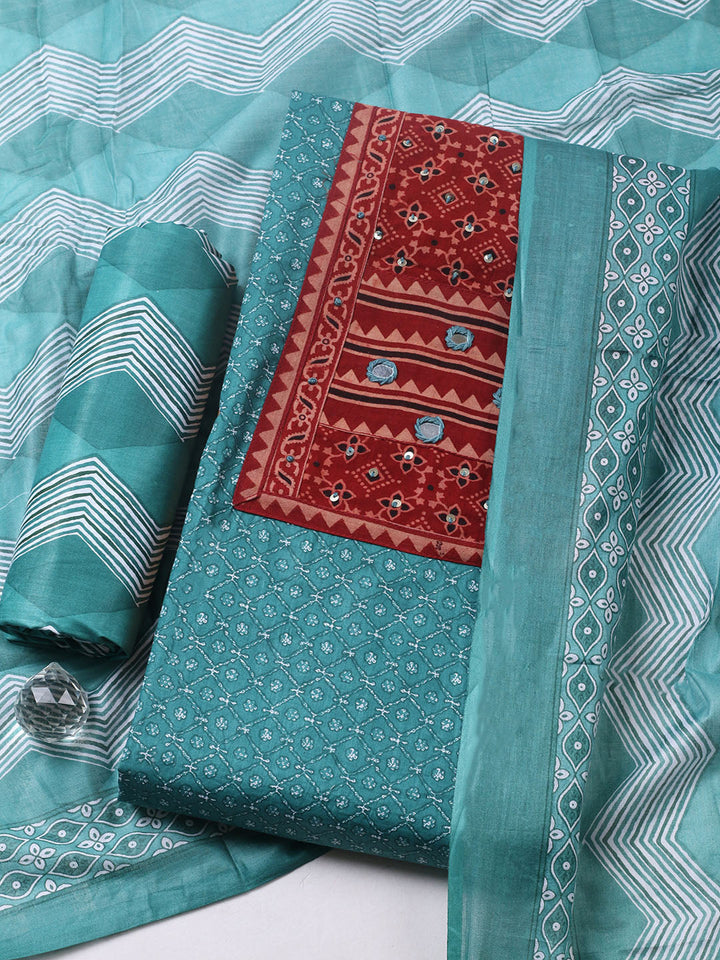 Printed Cotton Blend Unstitched Suit With Pant &amp; Dupatta