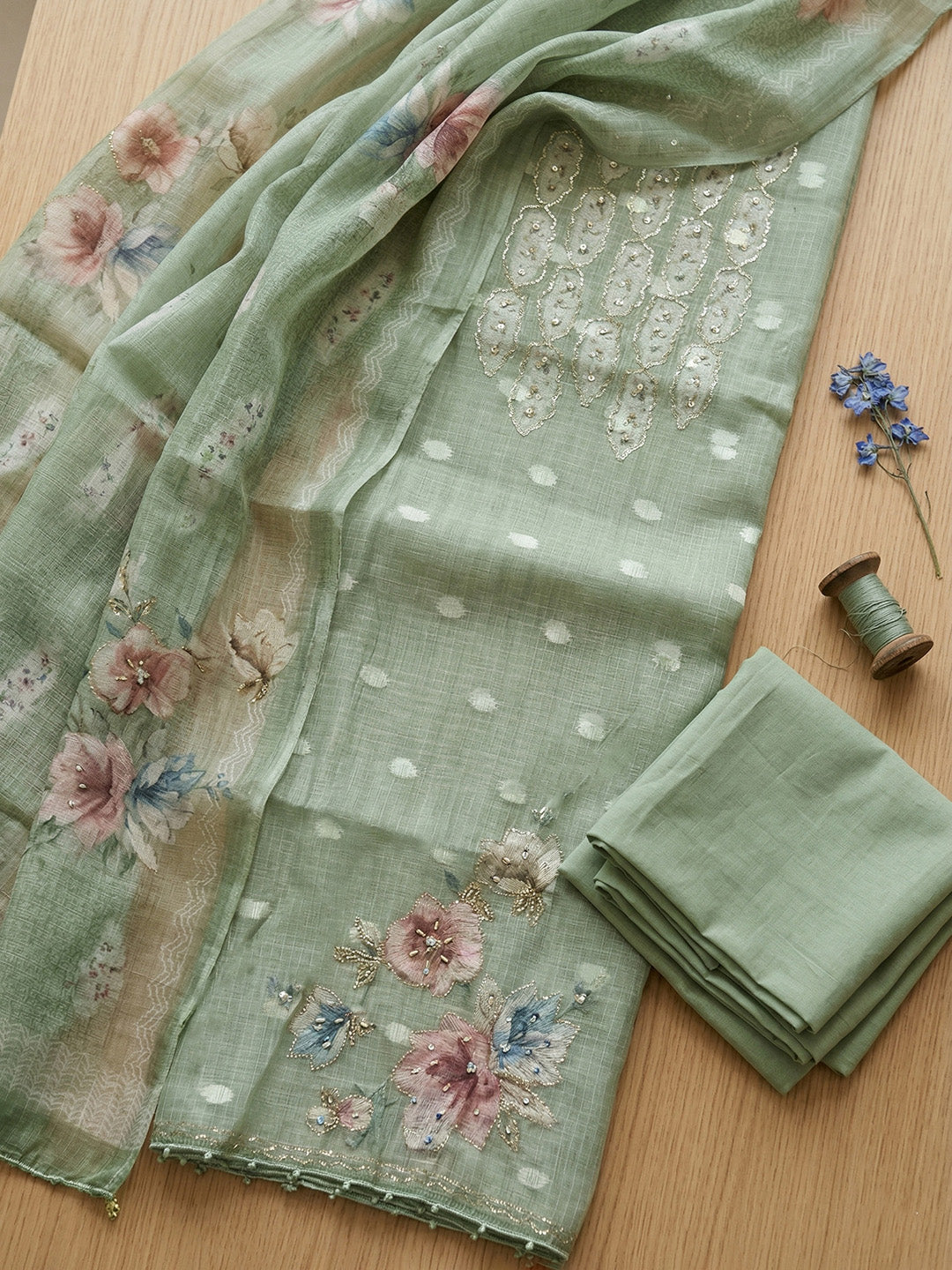 Embroidered Cotton Blend Unstitched Suit With Pant &amp; Dupatta