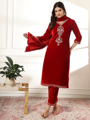 Zari Neck Embroidered Velvet Kurta With Pants & Dupatta