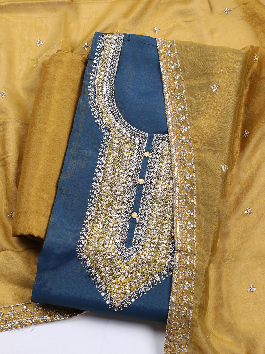 Neck Embroidered Chanderi Unstitched Suit With Dupatta