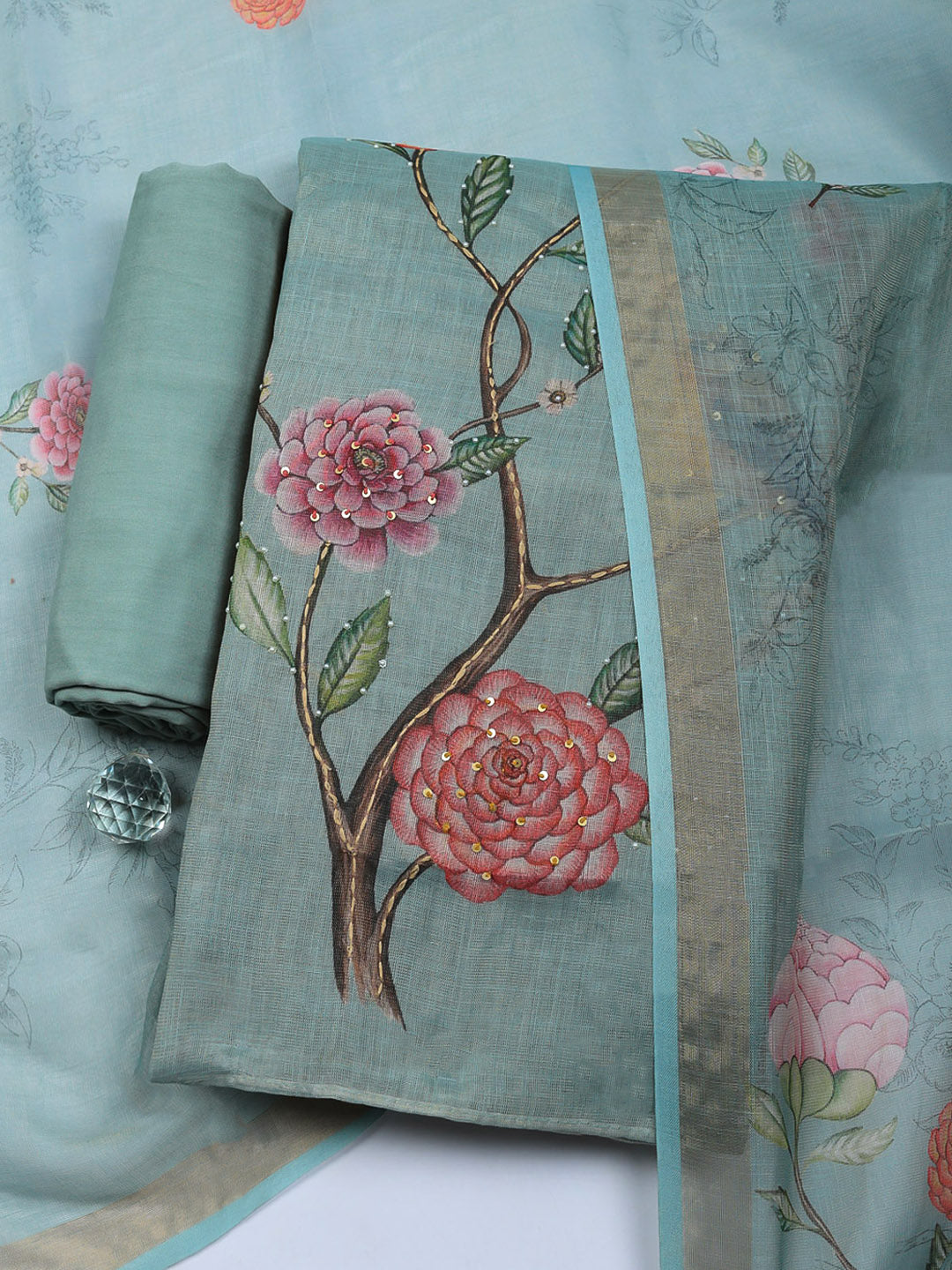 Embroidered Tissue Unstitched Suit With Pant &amp; Dupatta