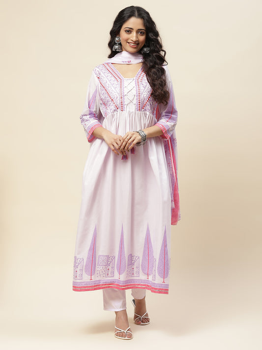 Mirror Neck Embroidered Cotton Blend Kurta With Pants & Dupatta