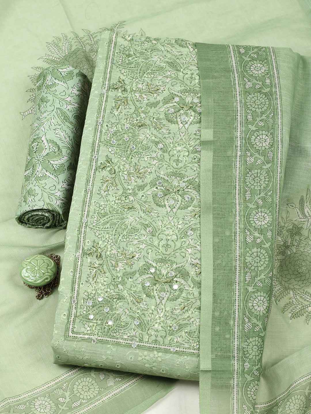 Embroidered Chanderi Unstitched Suit With Pant &amp; Dupatta