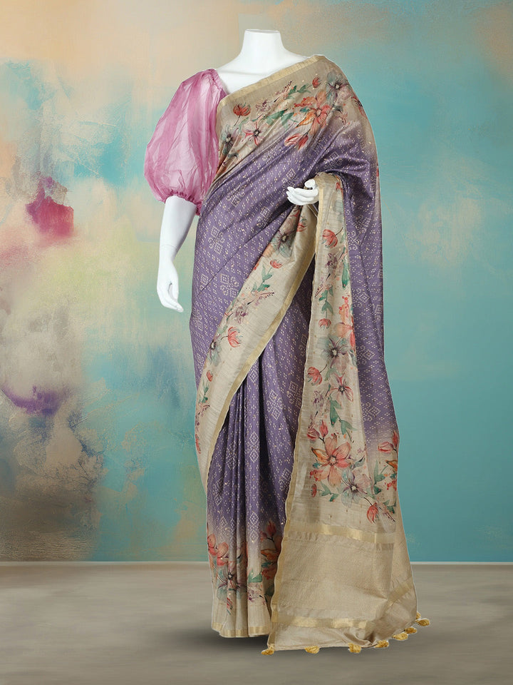 Floral &amp; Bandhani Printed Art Silk Saree