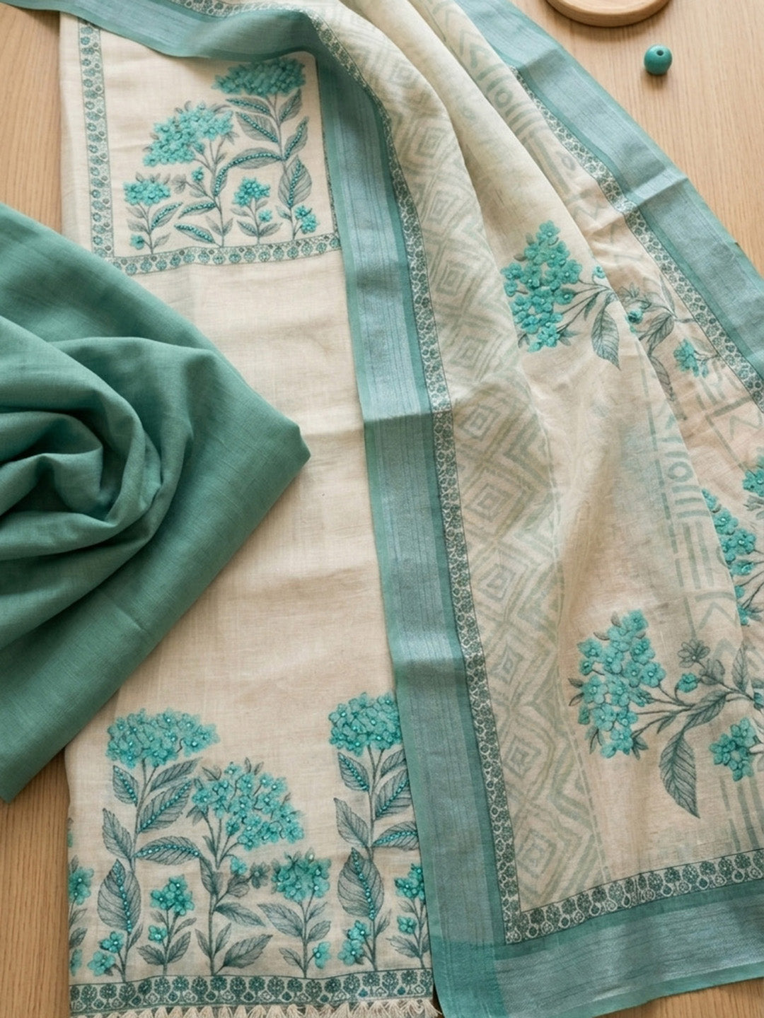 Embroidered Linen Blend Unstitched Suit With Pant &amp; Dupatta