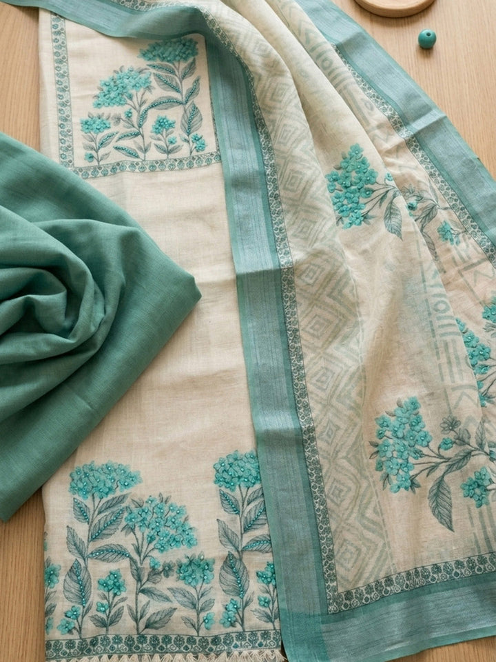 Embroidered Linen Blend Unstitched Suit With Pant &amp; Dupatta