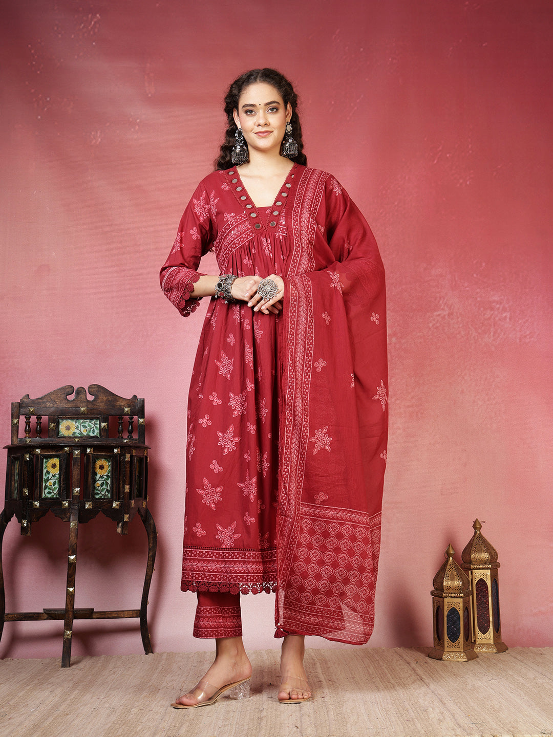 Maroon Printed Cotton Blend Anarkali Suit Set With Dupatta