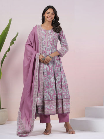 Floral Printed Cotton Blend Kurta With Pants & Dupatta