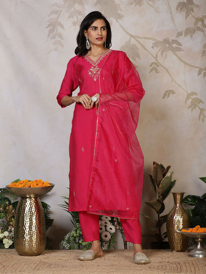Embroidered Cotton Blend Kurta With Pants &amp; Dupatta