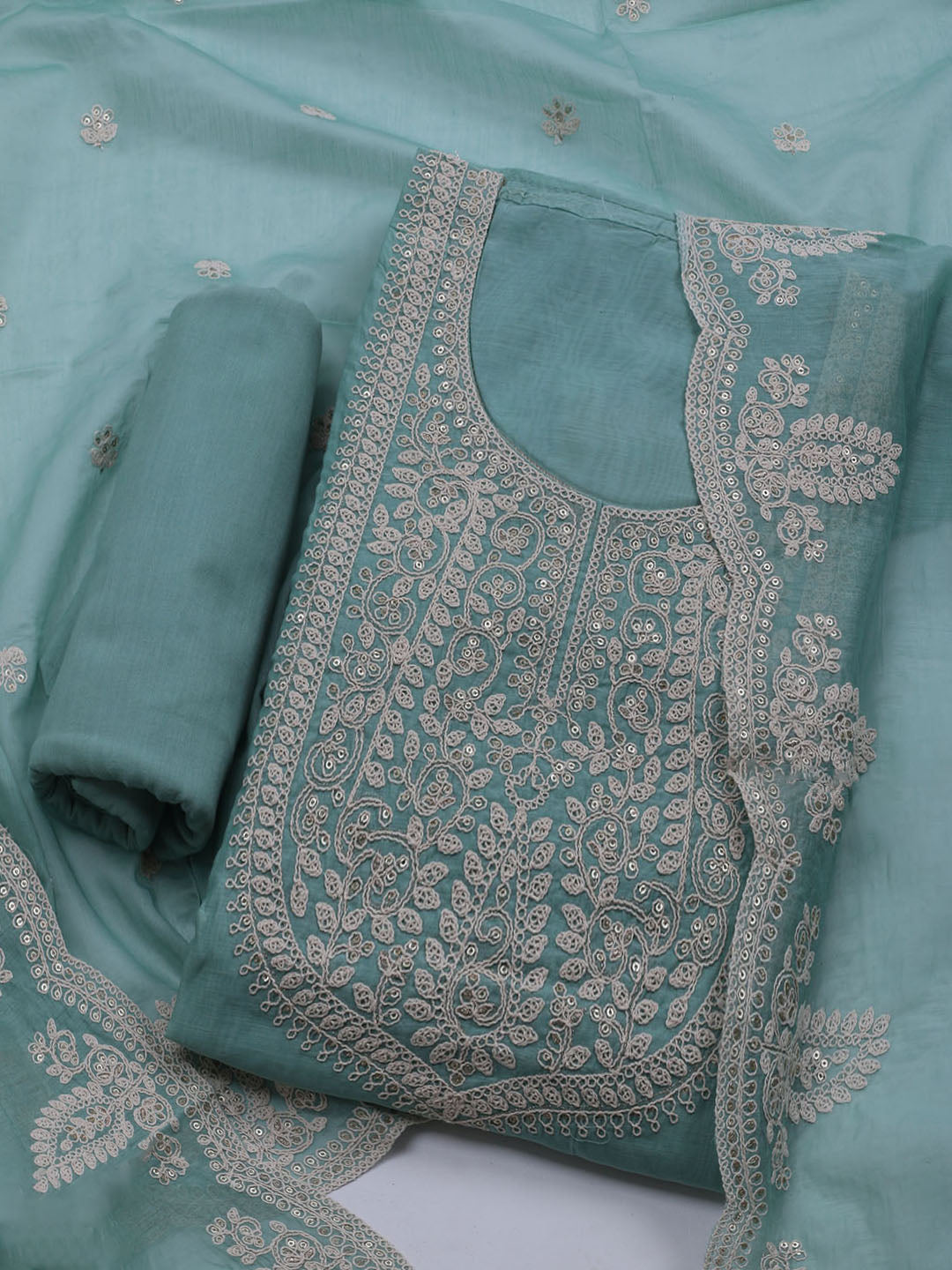 Neck Embroidered Chanderi Unstitched Suit With Dupatta