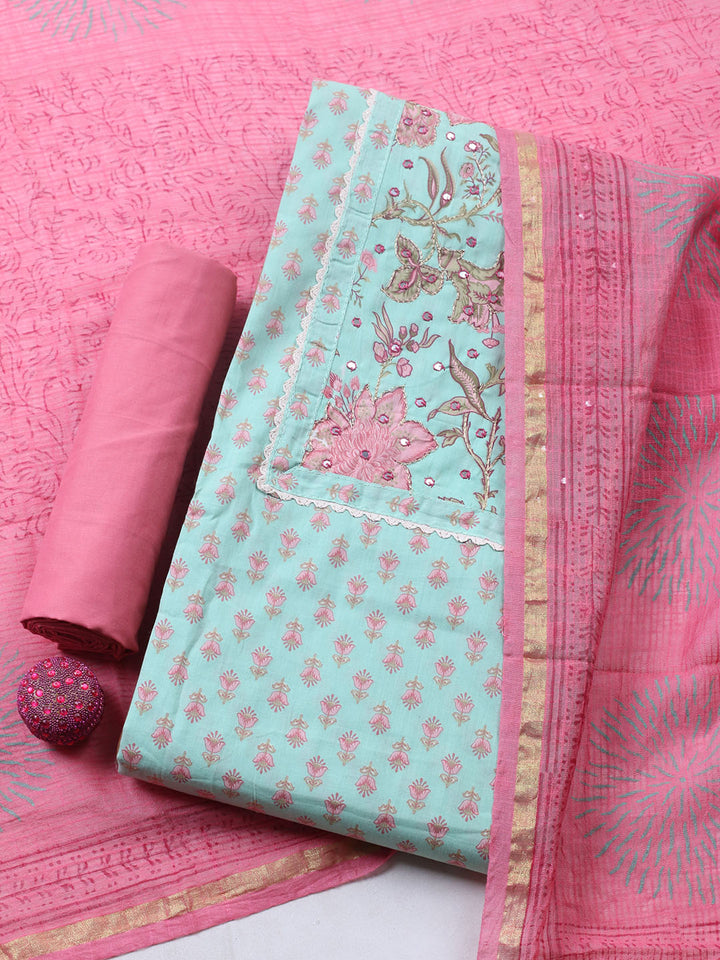 Printed Cotton Blend Unstitched Suit With Pant &amp; Dupatta