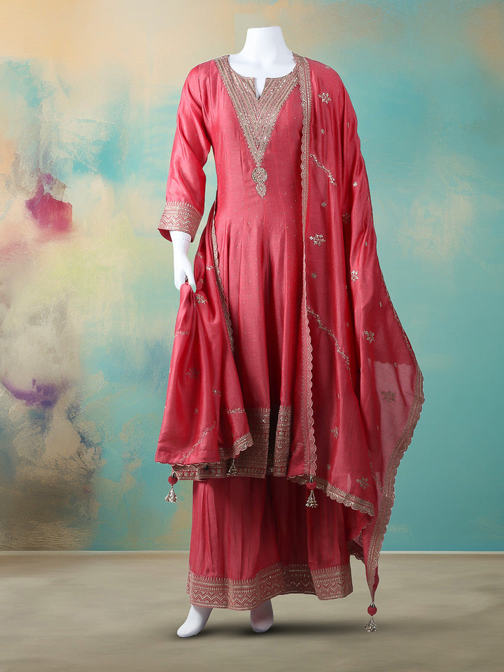 Embroidered Art Silk Stitched Kurta With Pant &amp; Dupatta