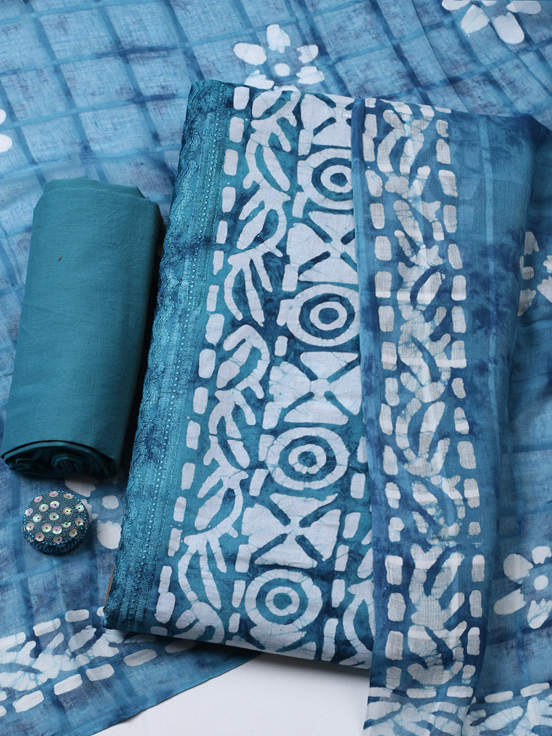 Printed Cotton Blend Unstitched Suit With Pant &amp; Dupatta
