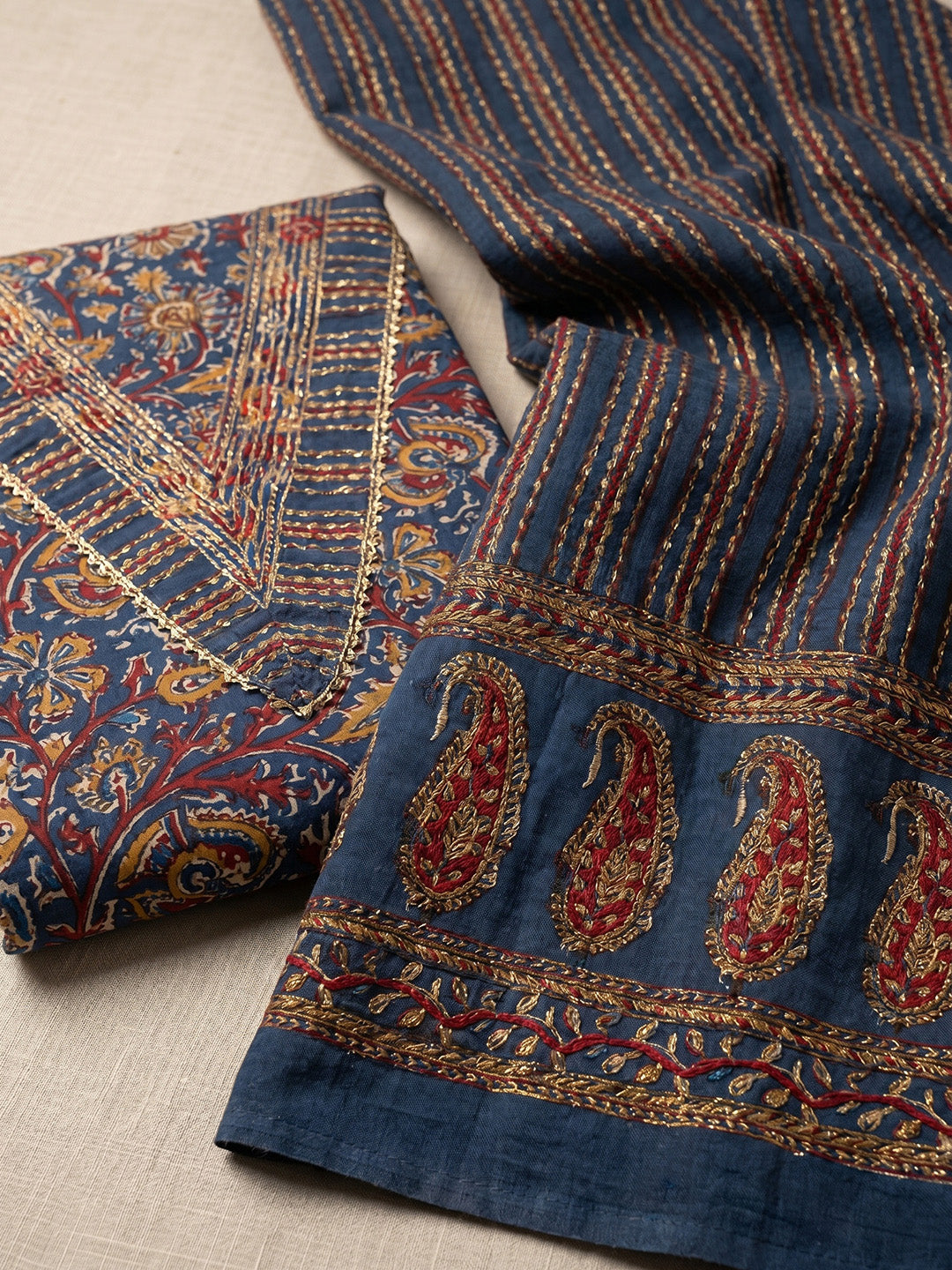 Printed Cotton Blend Unstitched Suit With Pant &amp; Dupatta