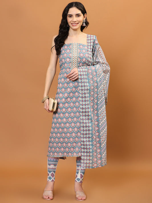 Printed Cotton Unstitched Suit Piece With Dupatta