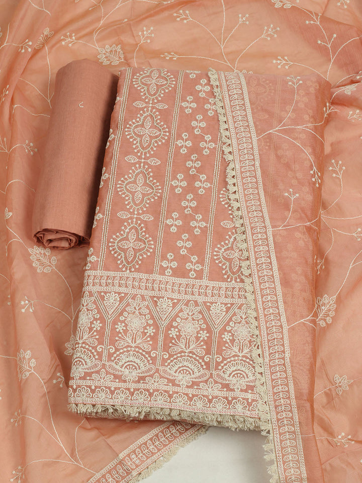 Embroidered Chanderi Unstitched Suit With Pant &amp; Dupatta