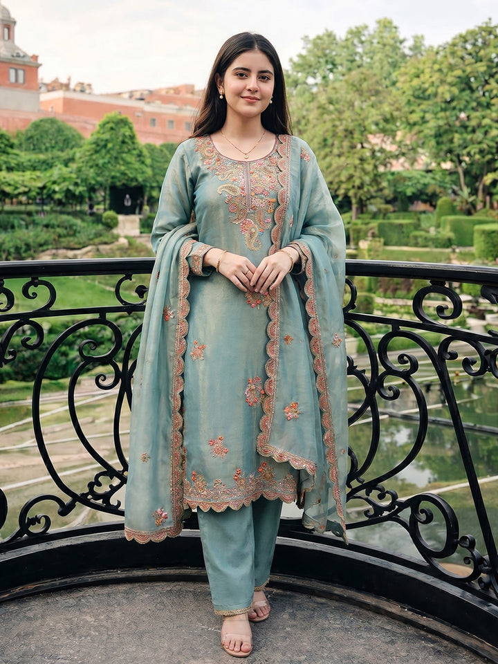 Embroidered Tissue Suit Set With Dupatta