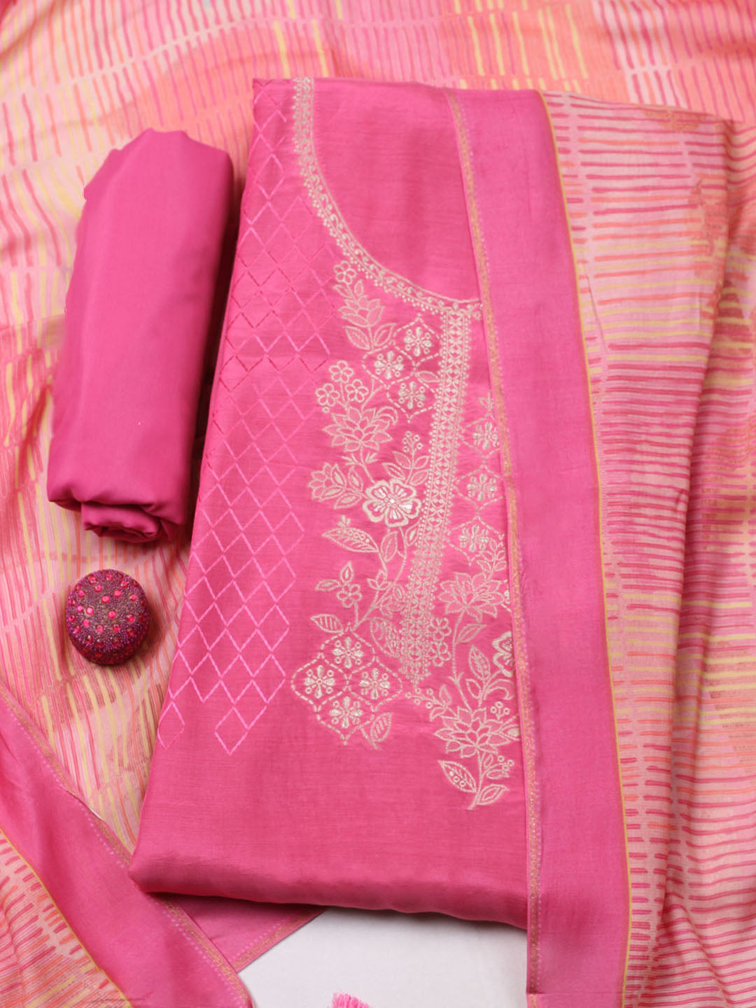 Embroidered Art Silk Unstitched Suit With Pant &amp; Dupatta