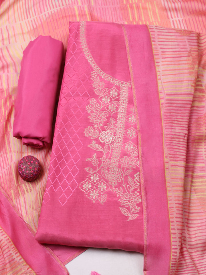 Embroidered Art Silk Unstitched Suit With Pant &amp; Dupatta