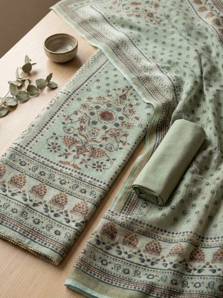 Printed Cotton Blend Unstitched Suit With Pant &amp; Dupatta