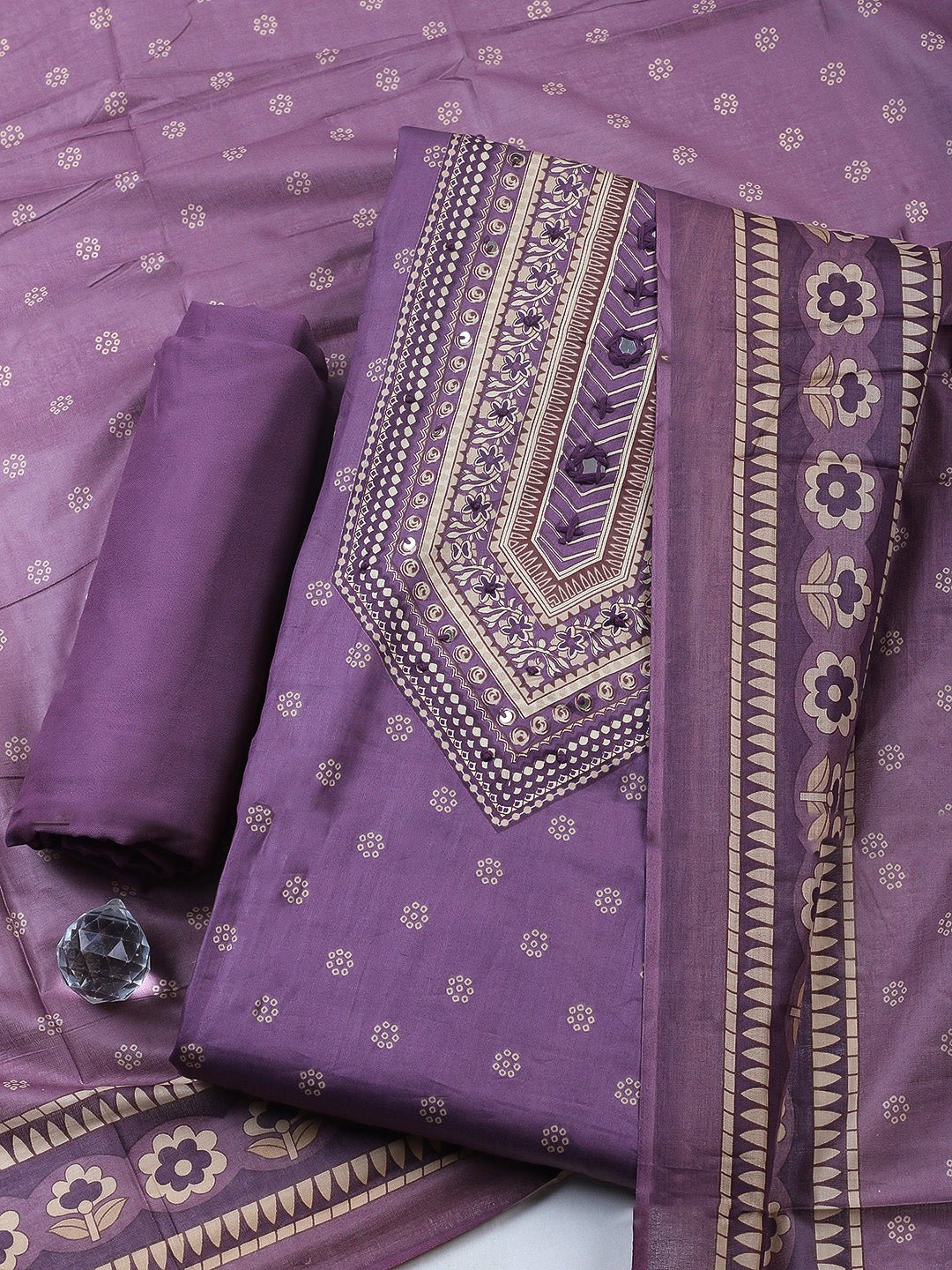 Printed Cotton Blend Unstitched Suit With Pant &amp; Dupatta