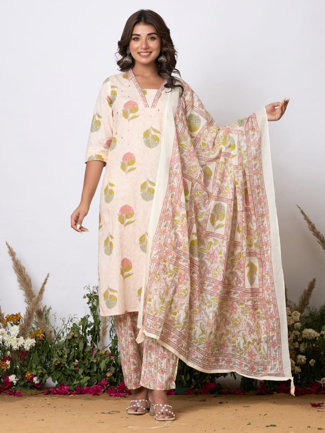 Printed Cotton Blend Kurta With Pants & Dupatta