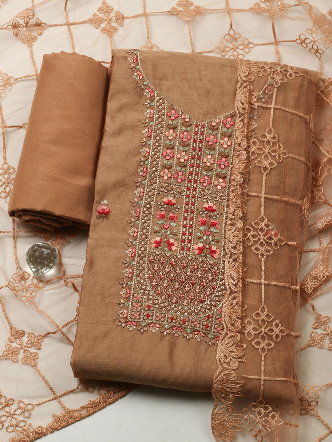 Embroidered Chanderi Unstitched Suit With Pant &amp; Dupatta