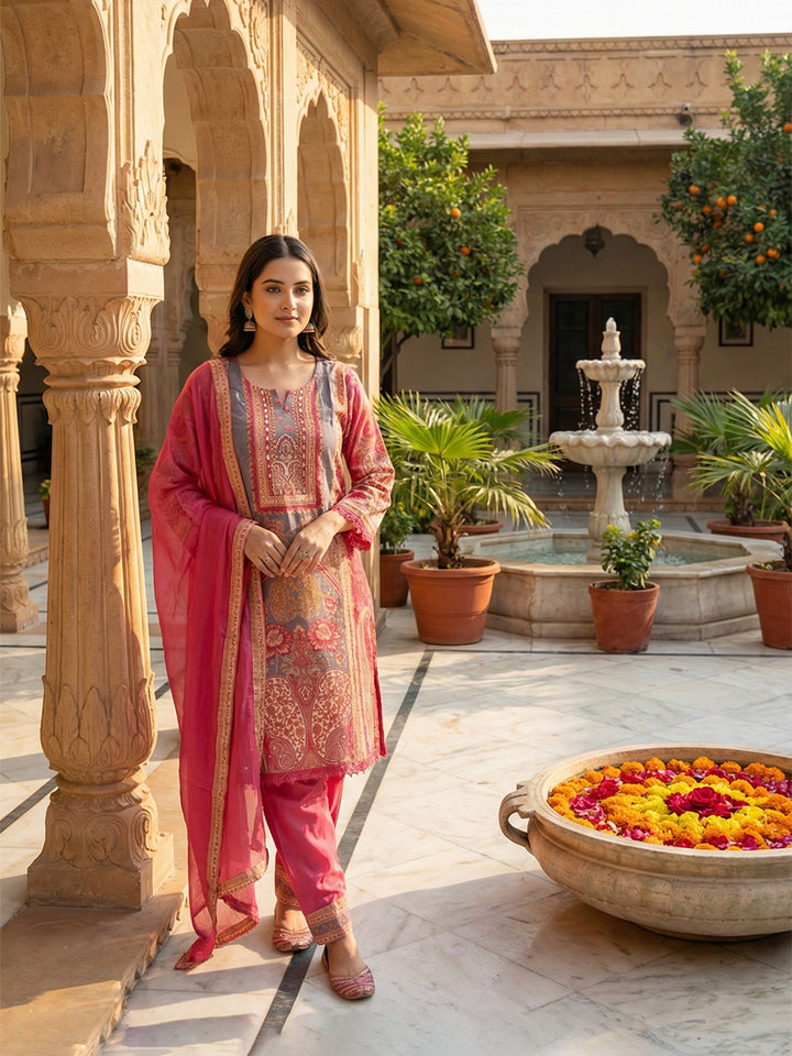 Pink Muslin Digital Printed Straight Suit Set