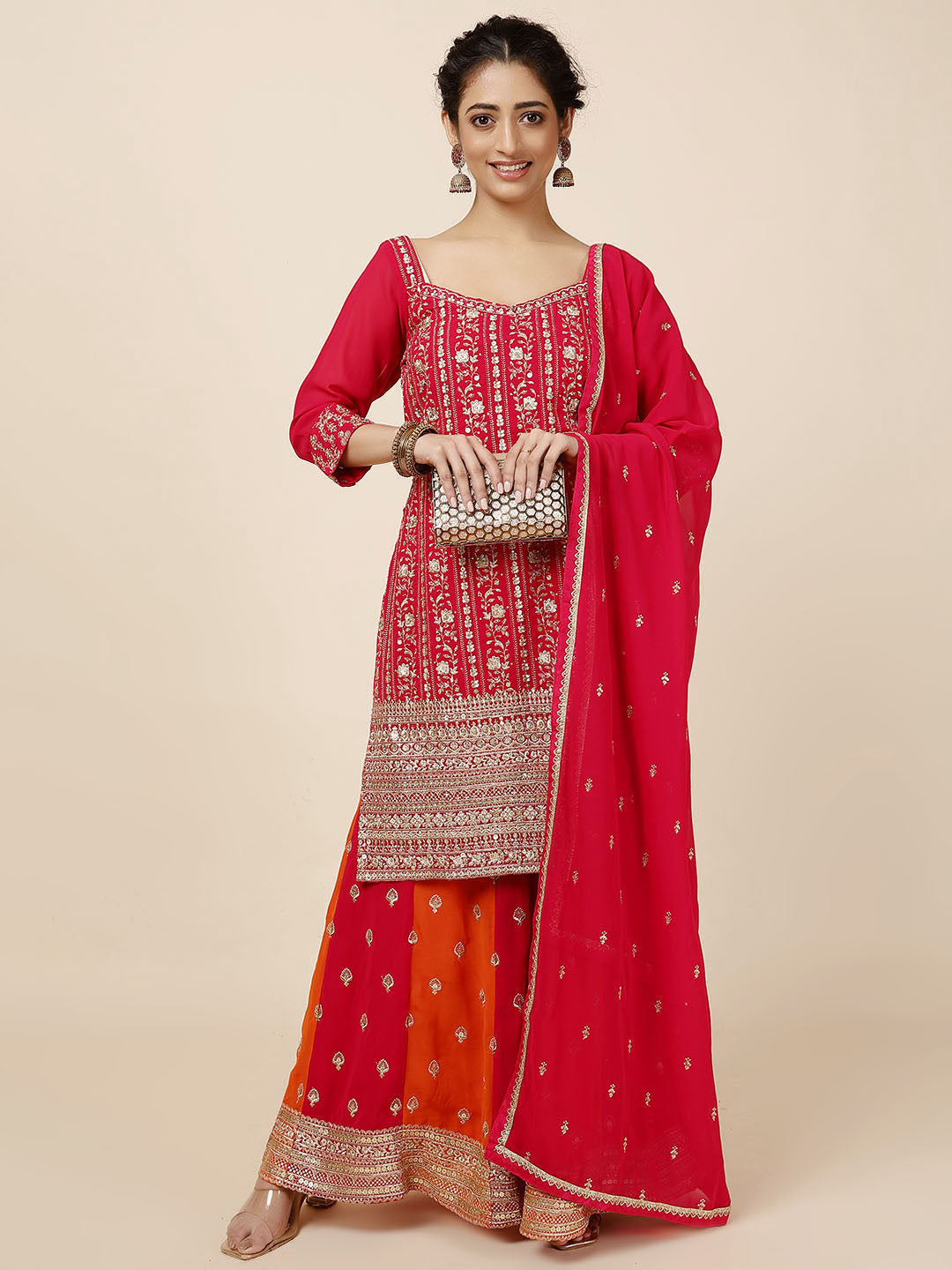 Sequins Embroidery Georgette Kurta With Palazzo And Dupatta