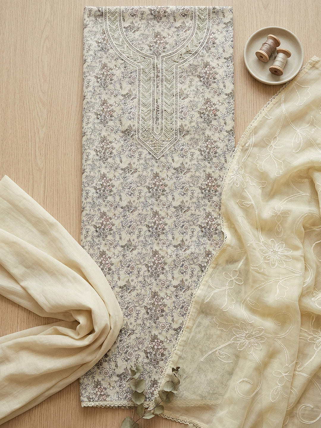 Embroidered Cotton Blend Unstitched Suit With Pant &amp; Dupatta