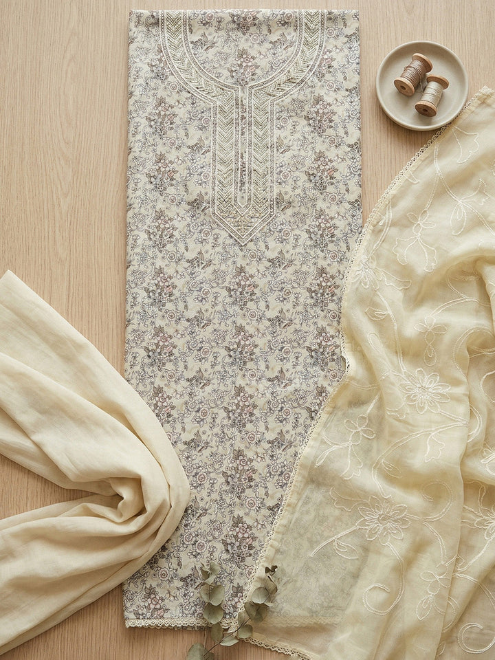 Embroidered Cotton Blend Unstitched Suit With Pant &amp; Dupatta