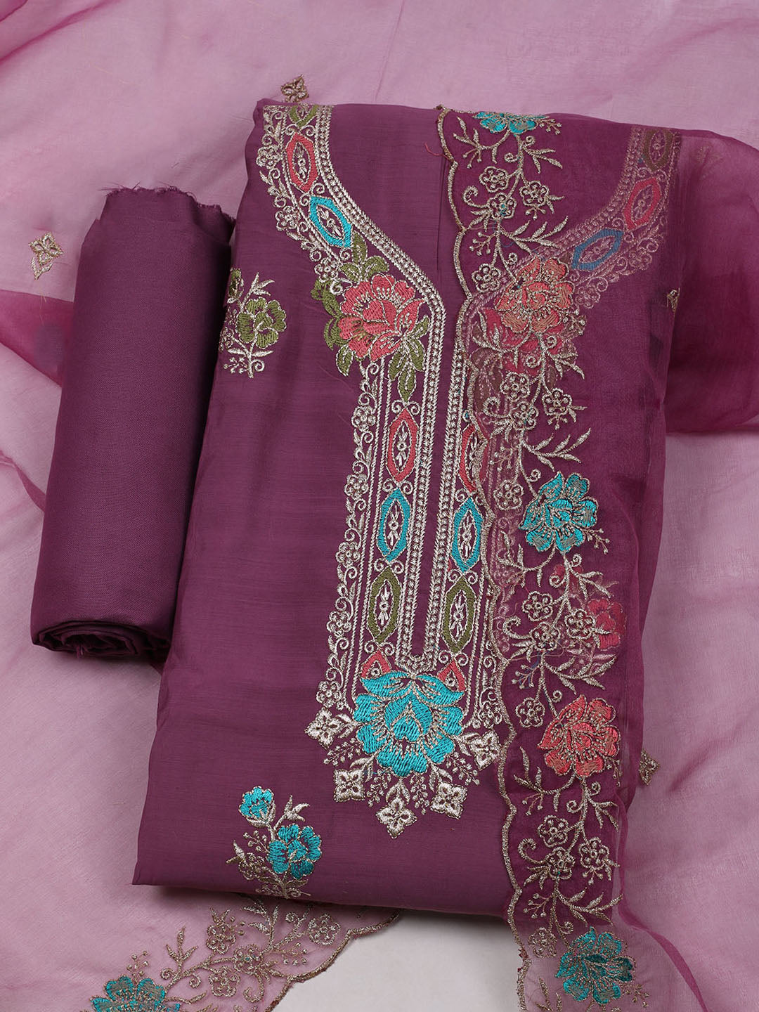Embroidered Chanderi Unstitched Suit With Dupatta