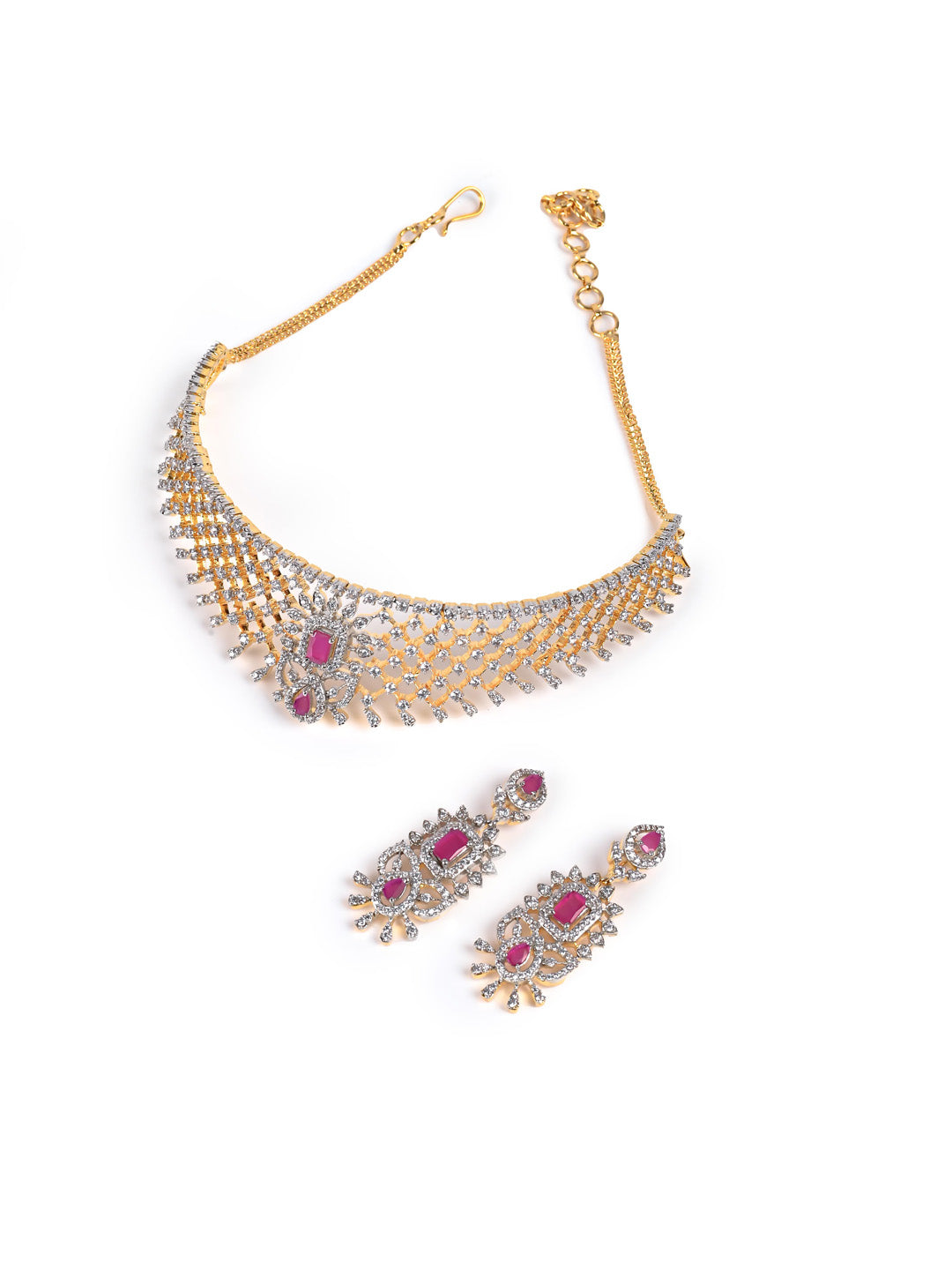 Golden & Pink AD Necklace Set With Earrings