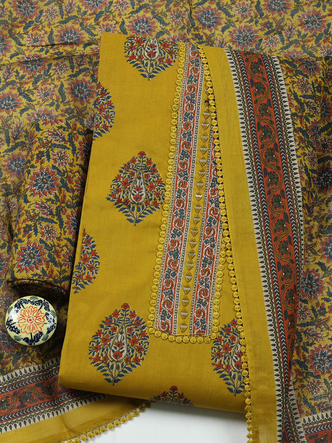 Embroidered Cotton Blend Unstitched Suit With Pant Dupatta