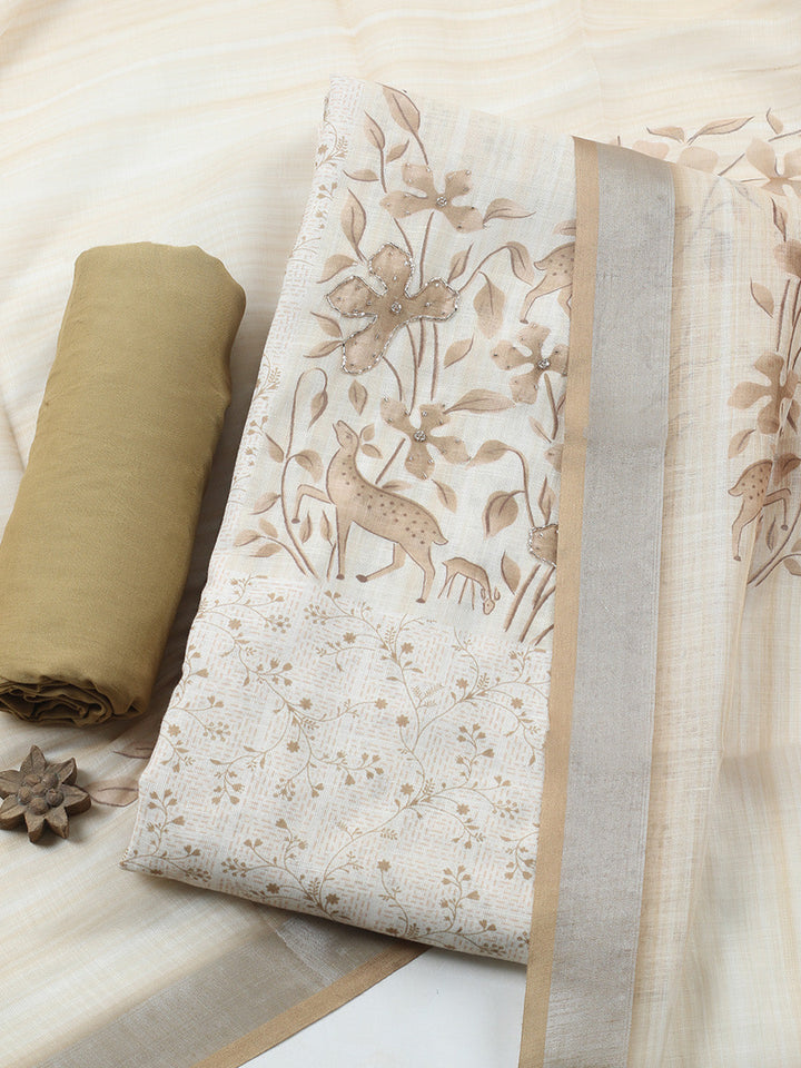 Printed Linen Blend Unstitched Suit With Pant &amp; Dupatta