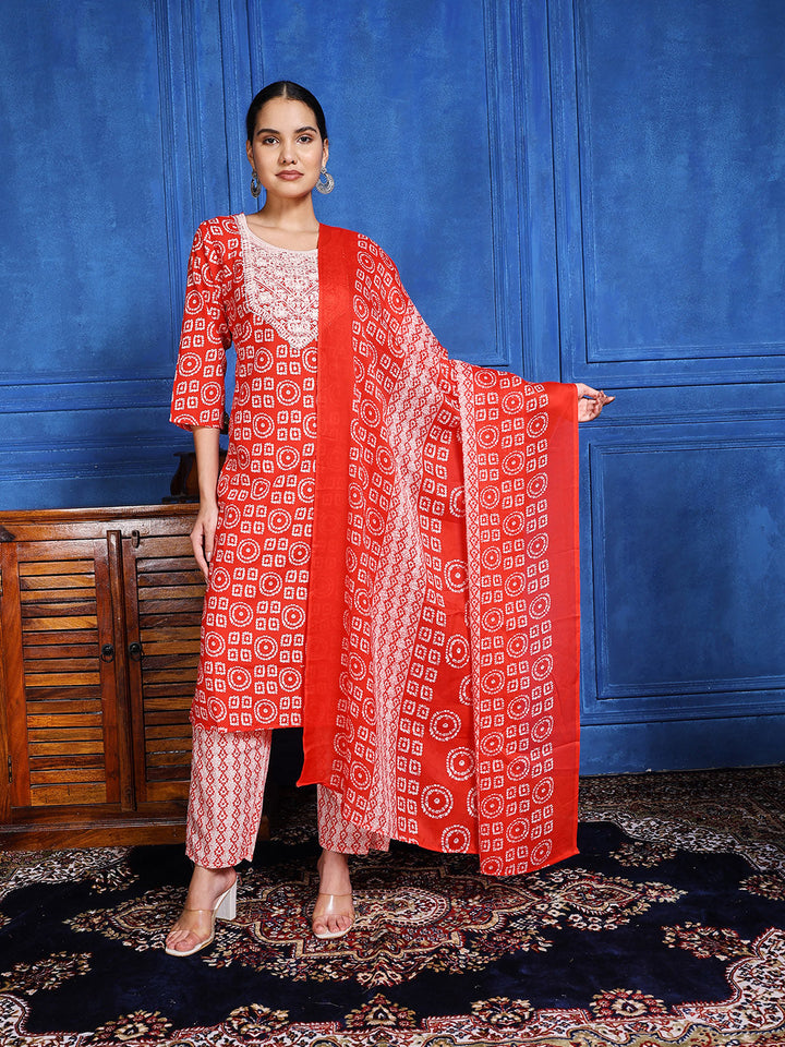 Printed Cotton Blend Kurta With Pants &amp; Dupatta