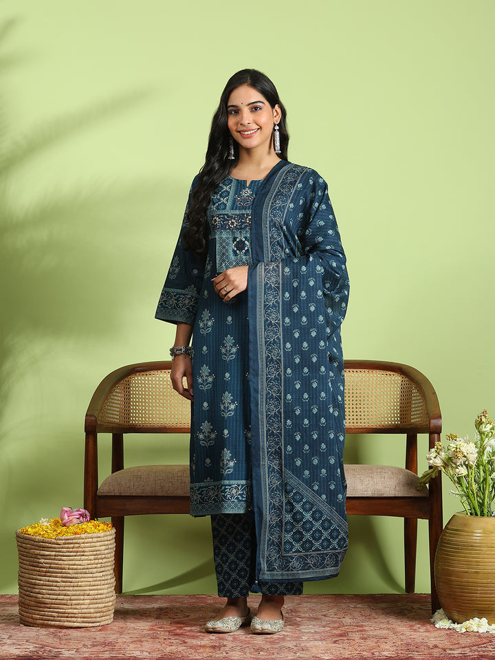 Blue Cotton Blend Printed A Line Suit Set