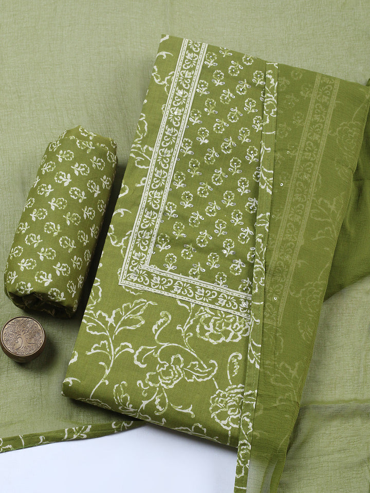 Embroidered Cotton Blend Unstitched Suit With Pant &amp; Dupatta