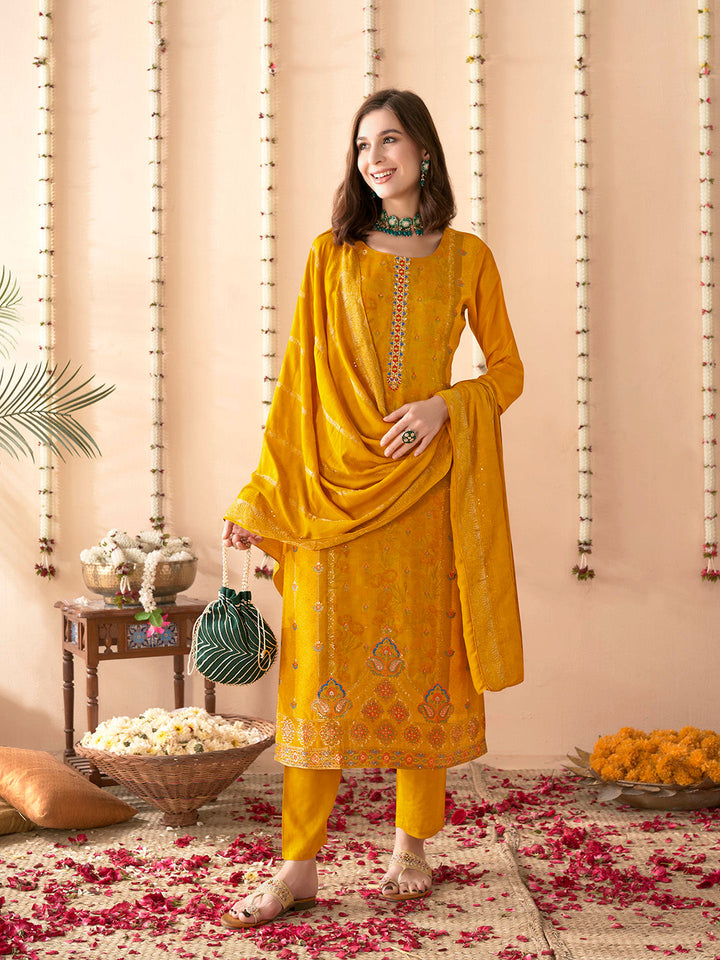 Embroidered Silk Kurta With Pant &amp; Dupatta
