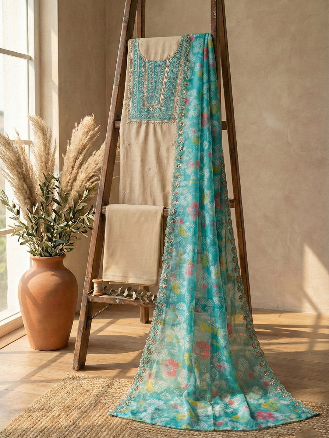 Embroidered Chanderi Unstitched Suit With Pant &amp; Dupatta