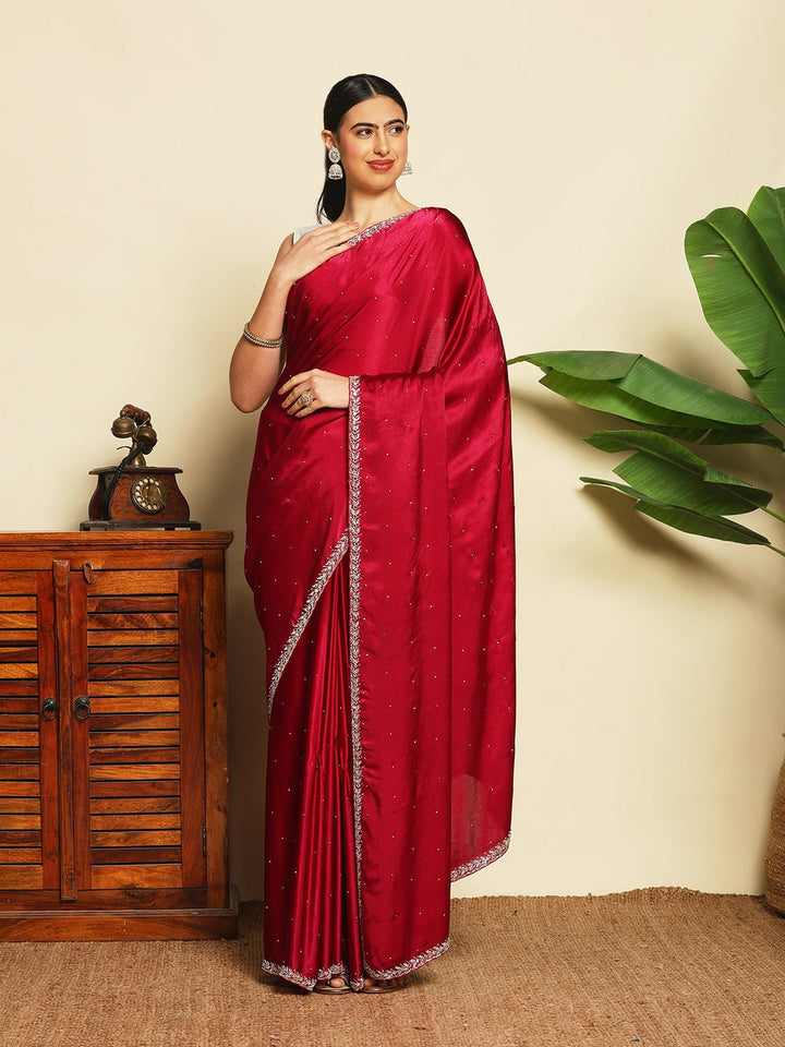Stone &amp; Mirror Embellished Chinon Saree