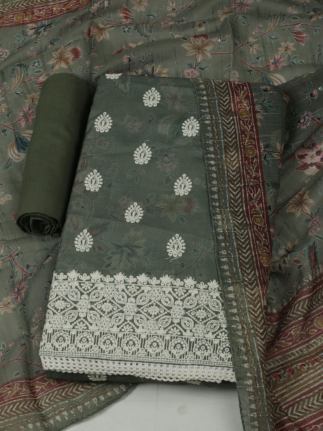 Embroidered Cotton Unstitched Suit With Pant &amp; Dupatta