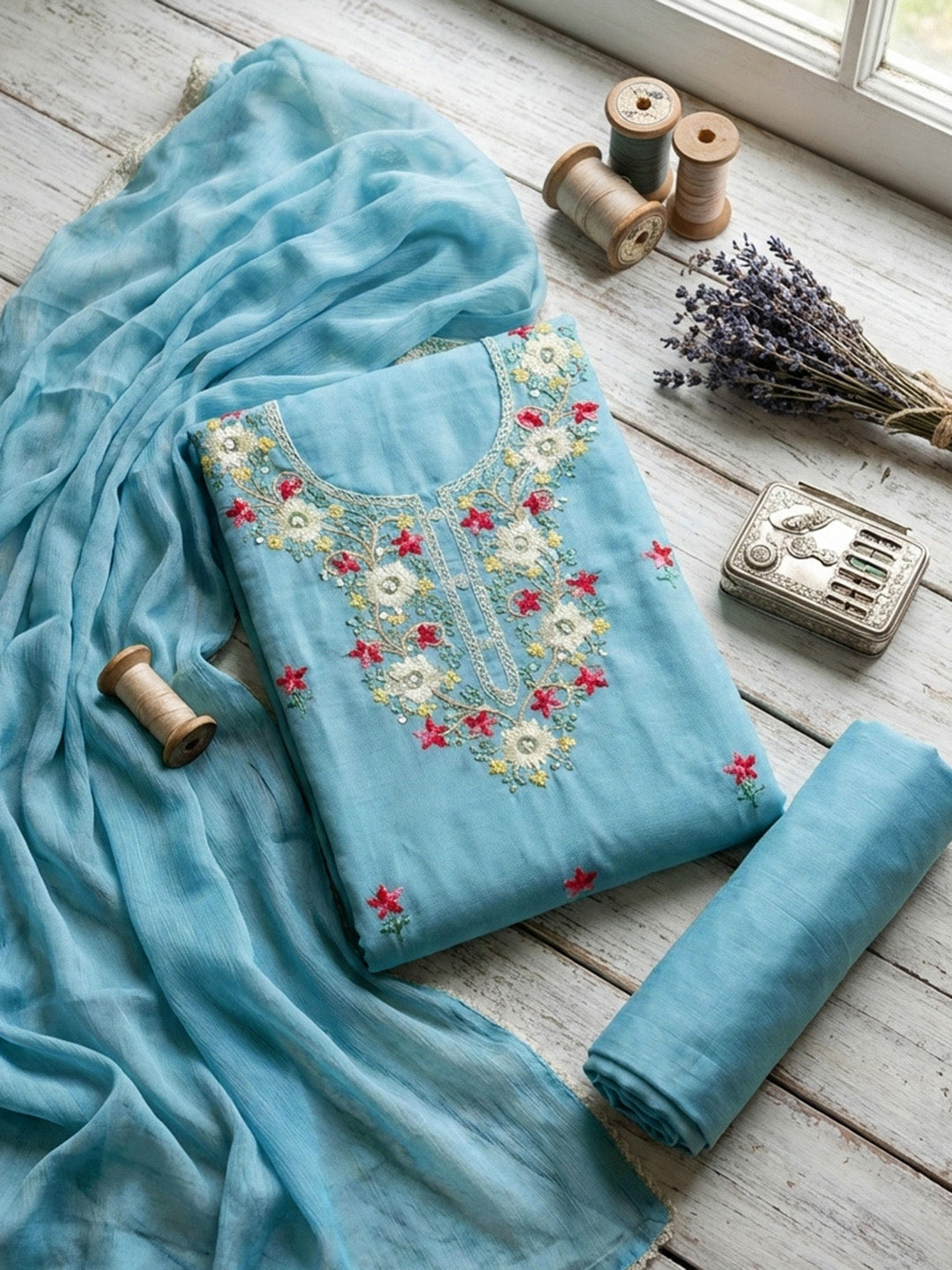 Embroidered Cotton Unstitched Suit With Pant &amp; Dupatta