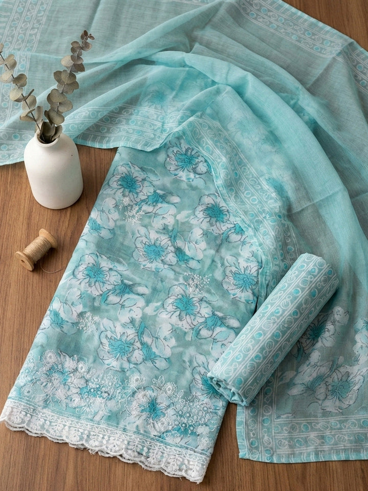 Printed Cotton Blend Unstitched Suit With Pant &amp; Dupatta