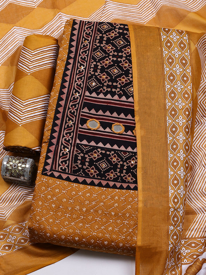 Printed Cotton Blend Unstitched Suit With Pant &amp; Dupatta