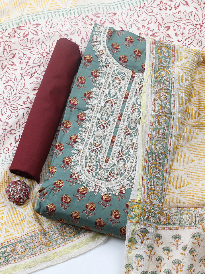 Printed Cotton Blend Unstitched Suit With Pant &amp; Dupatta