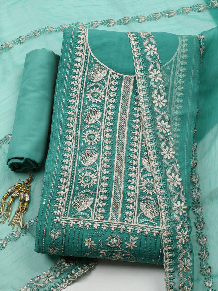 Embroidered Organza Unstitched Suit With Pant &amp; Dupatta