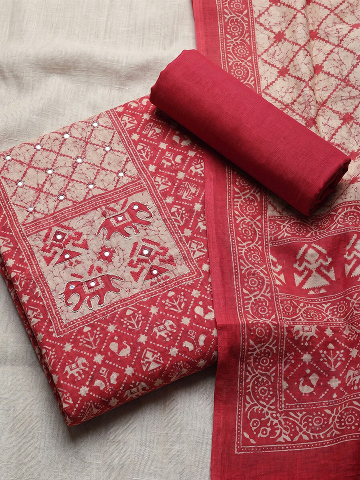 Printed Cotton Blend Unstitched Suit With Pant &amp; Dupatta