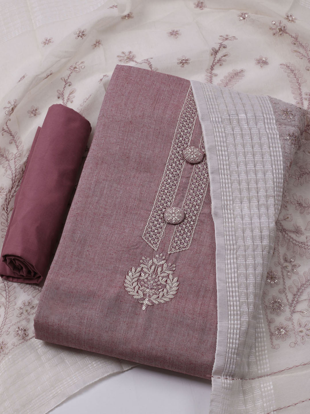 Neck Embroidered Cotton Blend Unstitched Suit With Dupatta